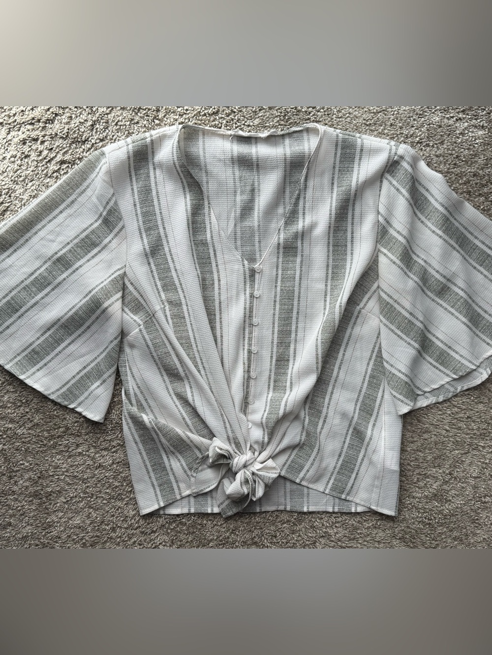 Lush Striped Tie Front Blouse Flutter Sleeve Top Gray White Size Small
